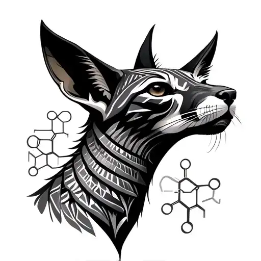 Egyptian jackal form intertwined with dopamin molecule structure tattoo design idea