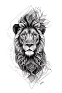 Lion manadala, the face should have mouth closed and calm wise eye.  face should be surrounded by geometric mandala tattoo design idea