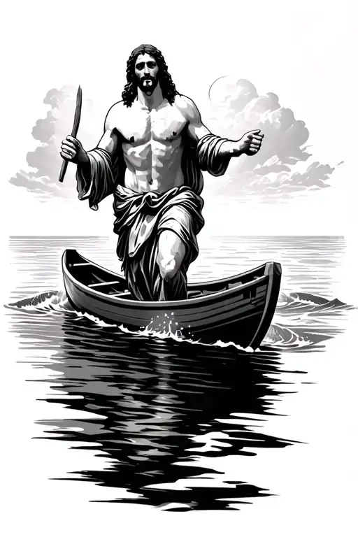 Jesus walking on water with his face not shown, rowboat, Peter sinking tattoo design idea