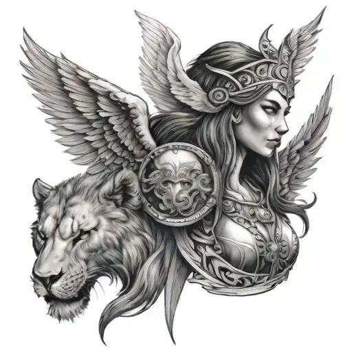 female warrior with angel wings and lion head tattoo design idea