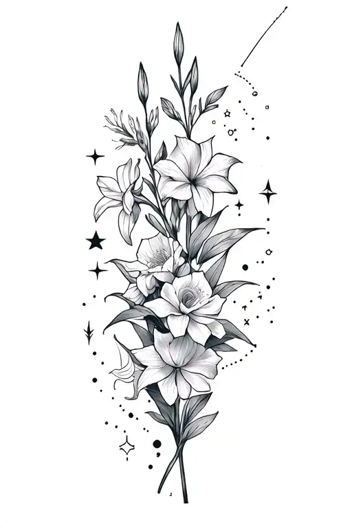 gladiolus, rose, and mirabilis Jalapa with celestial elements and Gemini and Leo constellations placed on the hip/thigh tattoo design idea