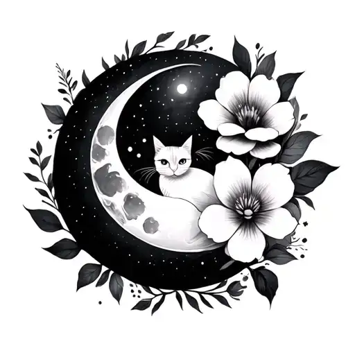 moon and cataleya design but emphasize the design of moon and flower tattoo design idea