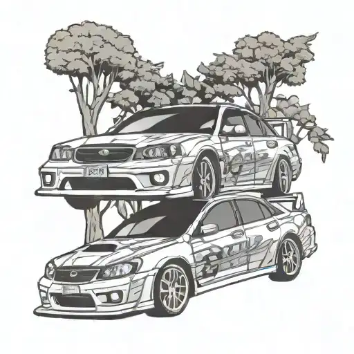 Cancer ribbon on subaru rally car with tree behind the car tattoo design idea