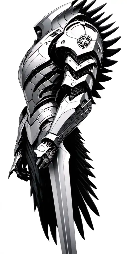 Futuristic chrome biomechanical armor (left arm, shoulder, chest, and back)Dark Angels 40k winged sword emblem on shou tattoo design idea