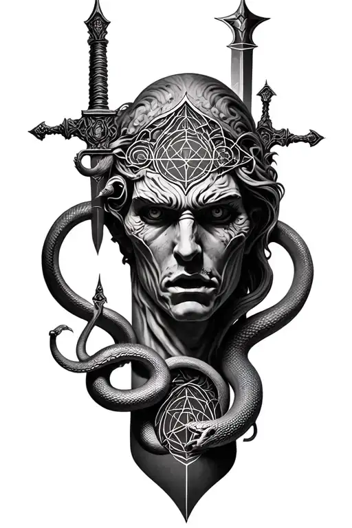 full inner forearm tattoo of a realistic stone face with snakes, swords, and sacred geometry, blending 3d effects. tattoo design idea