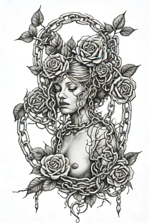 Naked girl, roots growing out of chains, roses tattoo design idea