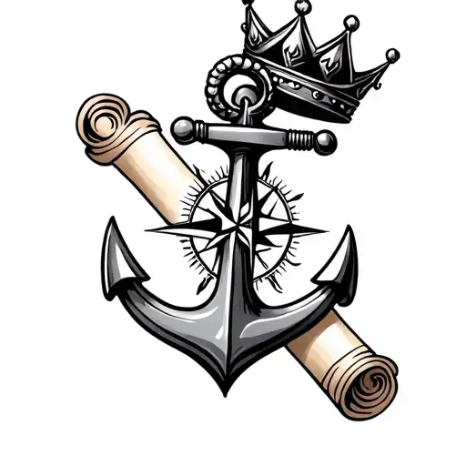 anchor with compass and small crown with scroll tattoo design idea