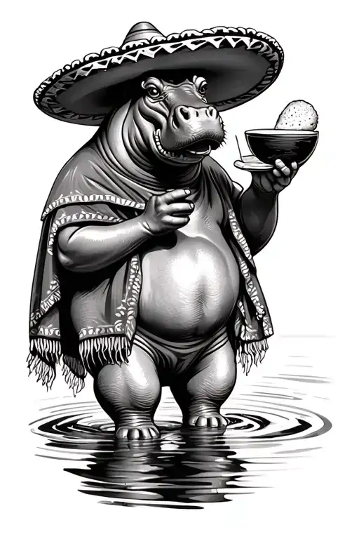 Full-body hippo in sombrero and poncho, holding tinto and arepa, river ripple, light coffee leaves, semi-realistic.  tattoo design idea