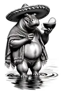 Full-body hippo in sombrero and poncho, holding tinto and arepa, river ripple, light coffee leaves, semi-realistic.  tattoo design idea