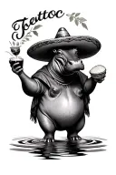 Full-body hippo in sombrero and poncho, holding tinto and arepa, river ripple, light coffee leaves, semi-realistic.  tattoo design idea