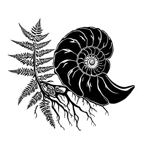 ammonite, spiraling fern, tree of life with roots underground tattoo design idea
