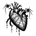 realistic heart wrapped in spider web with two spiders in the web and one hanging down  tattoo design idea