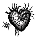 realistic heart wrapped in spider web with two spiders in the web and one hanging down  tattoo design idea