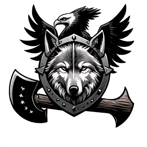 Viking shield with a wolf in the middle of the ax and an eagle above tattoo design idea