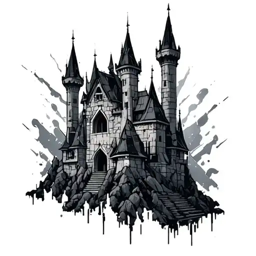 cyber sigilism castle tattoo design idea