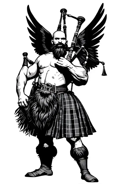  bagpiper big black wings on back muscular playing the bagpipes bald with  black beard  tattoo design idea