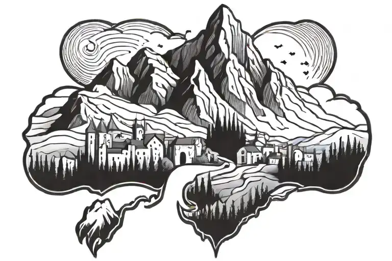Country of Georgia Tbilisi mountains at night tattoo design idea