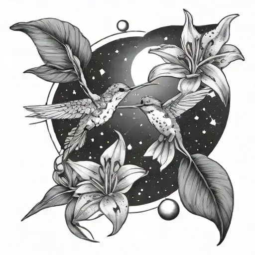 stars world , solar system lillies small birds humming birds  dna strand tattoo design idea