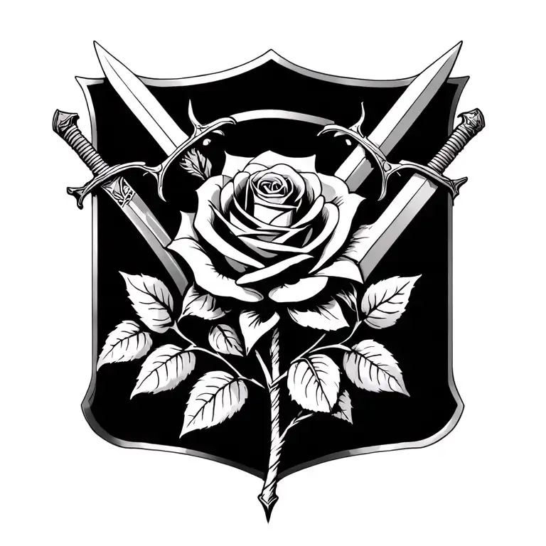 A rose that turns its stem into a sheild and with 3 swords behind the sheild  tattoo design idea