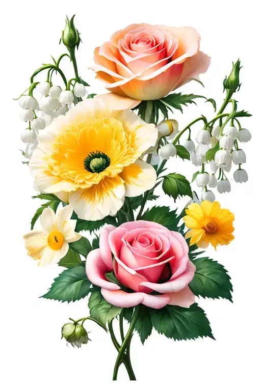 2 roses, 2 poppies, carnation,  daffodil, chrysanthemum, Lilly of the valley, marigold, narcissus  tattoo design idea
