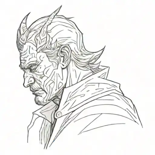 middle-aged man standing staring at a white wall with a demonic shallow coming up the wall behind him. It looks like it  tattoo design idea