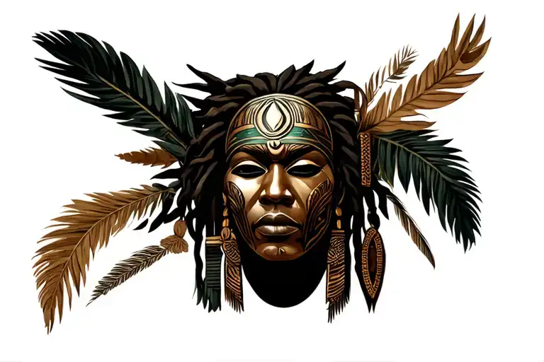 african warrior mask surrounded tattoo design idea