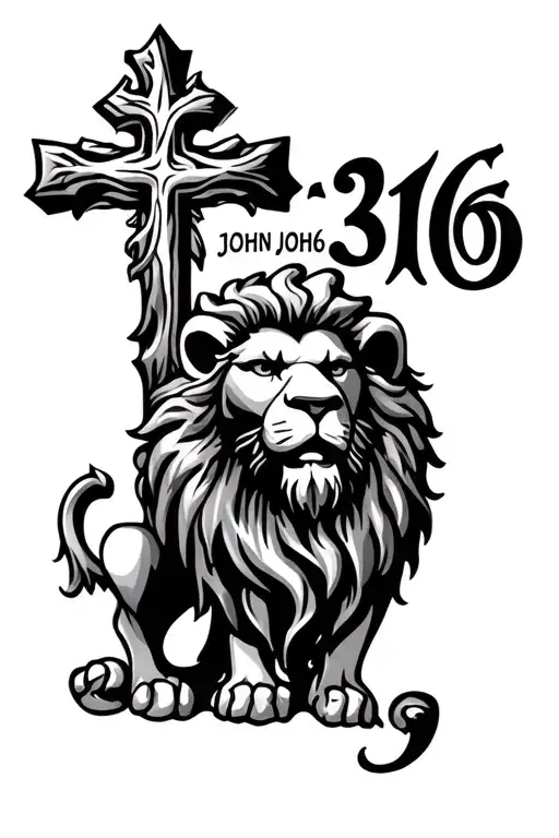 "John 3:16" cross Christ lion strength tattoo design idea