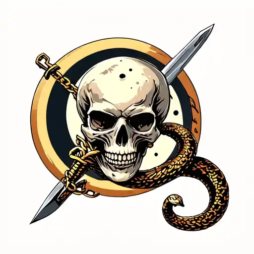 Skull, sword, moon, chains, snake, scorpion tattoo design idea