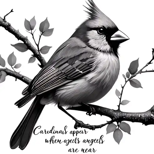 black and gray cardinal on a branch with script "Cardinals appear when angels are near" under it  tattoo design idea
