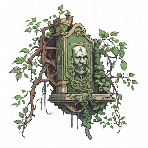 guillotine overgrown by moss and vines wrapped tattoo design idea