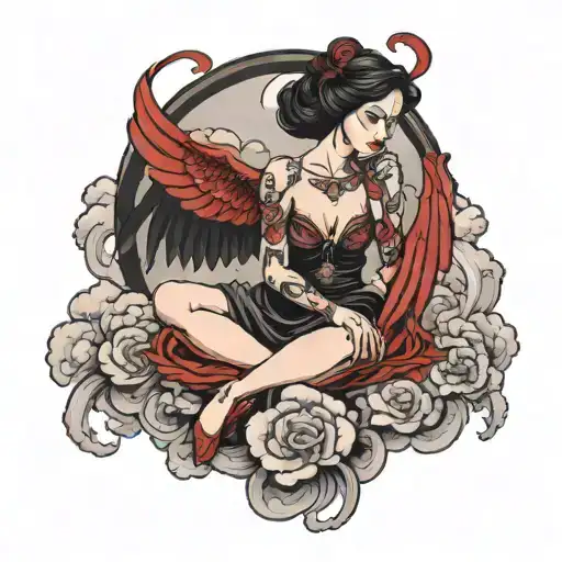 lady with red and black wings, sitting on a cloud   tattoo design idea