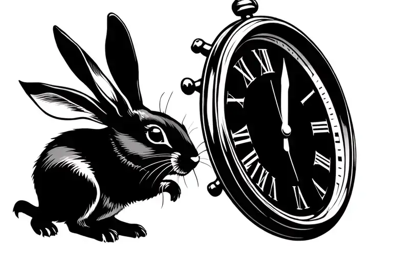 A minimalist black line tattoo design of a rabbit chasing a clock, symbolizing time slipping away, ultra clean style, si tattoo design idea