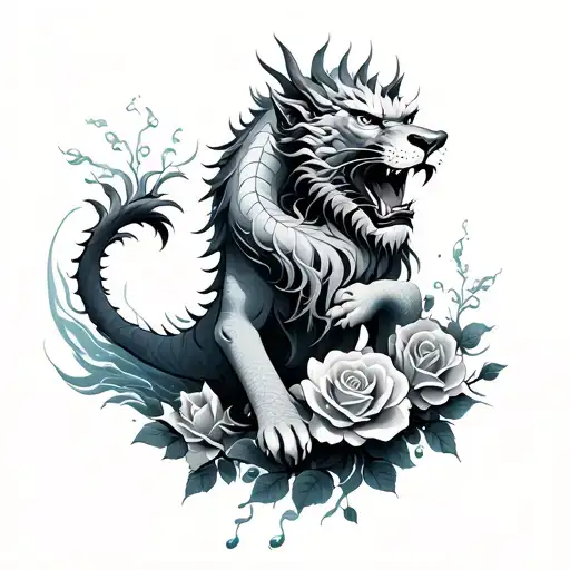 Japanese lion dragon with water and roses growing out of body  tattoo design idea