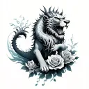 Japanese lion dragon with water and roses growing out of body  tattoo design idea