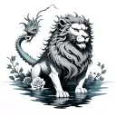 Japanese lion dragon with water and roses growing out of body  tattoo design idea