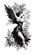 a lady falling like Icarus sorrounded by flowers as a spine tattoo  tattoo design idea