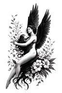 a lady falling like Icarus sorrounded by flowers as a spine tattoo  tattoo design idea