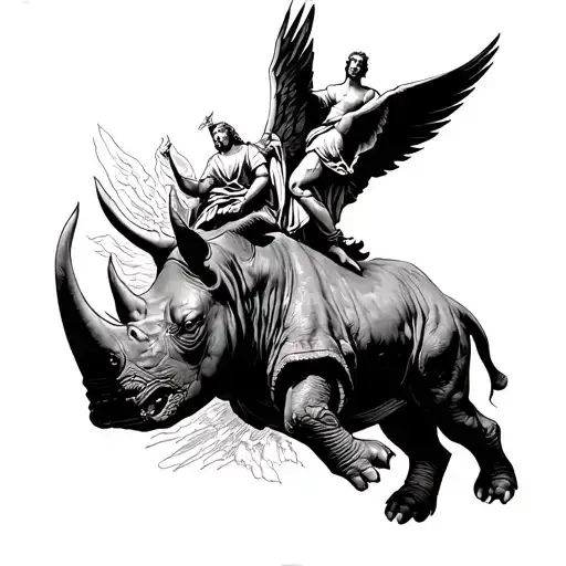rhino charging through the gates of heaven with st michael on its back tattoo design idea