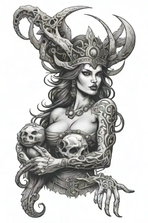 lilith inspired deranged, powerful, dangerous woman with a three moon witch sigil in her crown and knife in her hand tattoo design idea