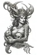 lilith inspired deranged, powerful, dangerous woman with a three moon witch sigil in her crown and knife in her hand tattoo design idea