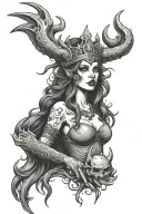 lilith inspired deranged, powerful, dangerous woman with a three moon witch sigil in her crown and knife in her hand tattoo design idea