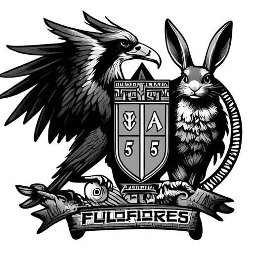 family crest for the last name Flores that includes 555 and the aztec symbols for the eagle and rabbit tattoo design idea