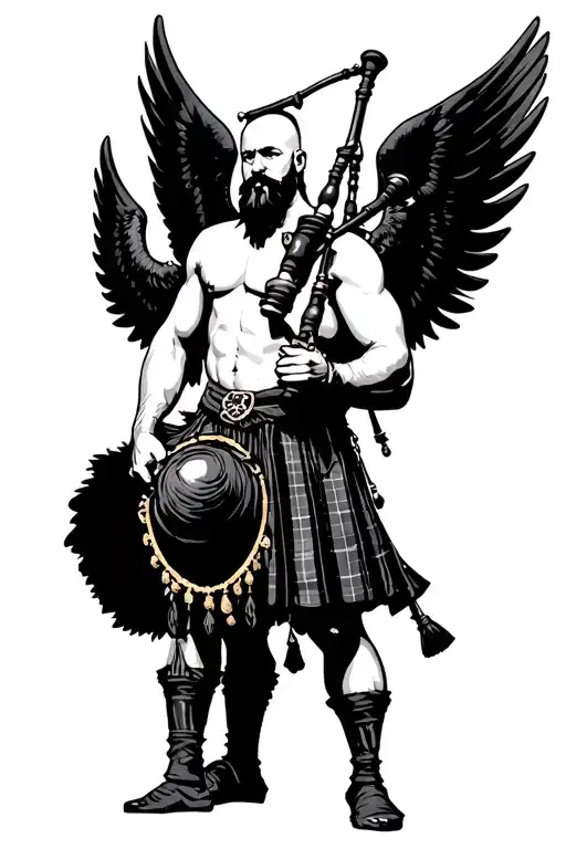 shirtless bagpiper big black wings on back muscular playing the bagpipes bald with  black beard  tattoo design idea