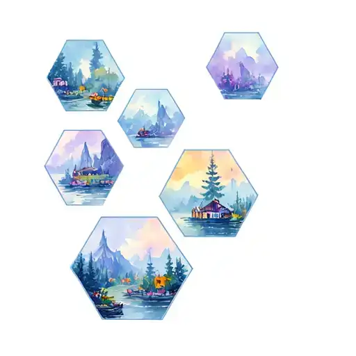 hexagons containing scenes in each tattoo design idea