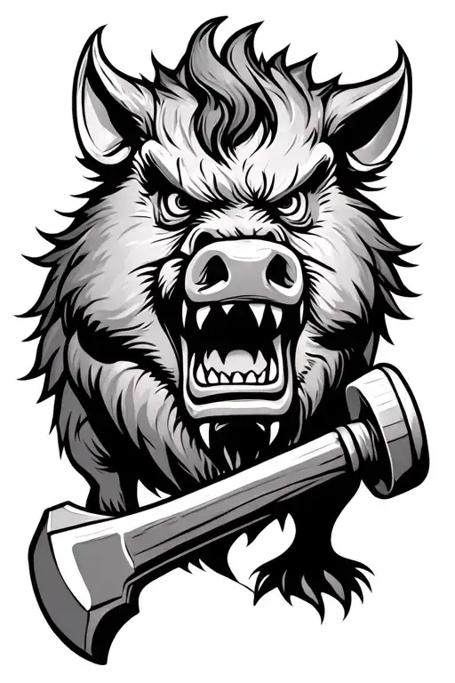 angry hog and hammer tattoo design idea