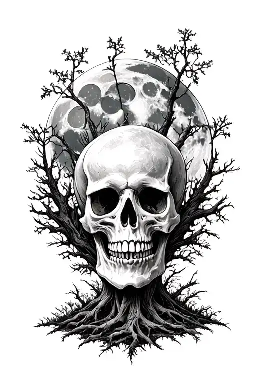Skull of the cemetery forest and from above the moon tattoo design idea