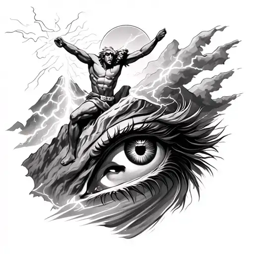 create a tattoo of achillies fighting with zeus striking lightning at the top of a mountain and an eye tattoo design idea