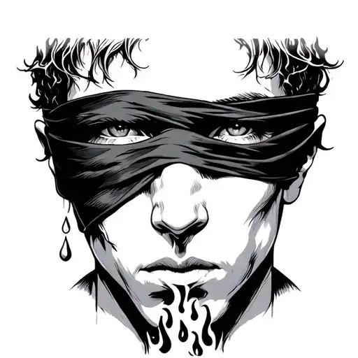 a face of a melancholic young man, eyes covered by a dark, flowing blindfold. A teardrop of fire flows down the cheek,  tattoo design idea