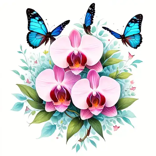 can you design a feminine half sleeve tattoo with 3 orchid flowers, butterflies around it and small leaf details tattoo design idea