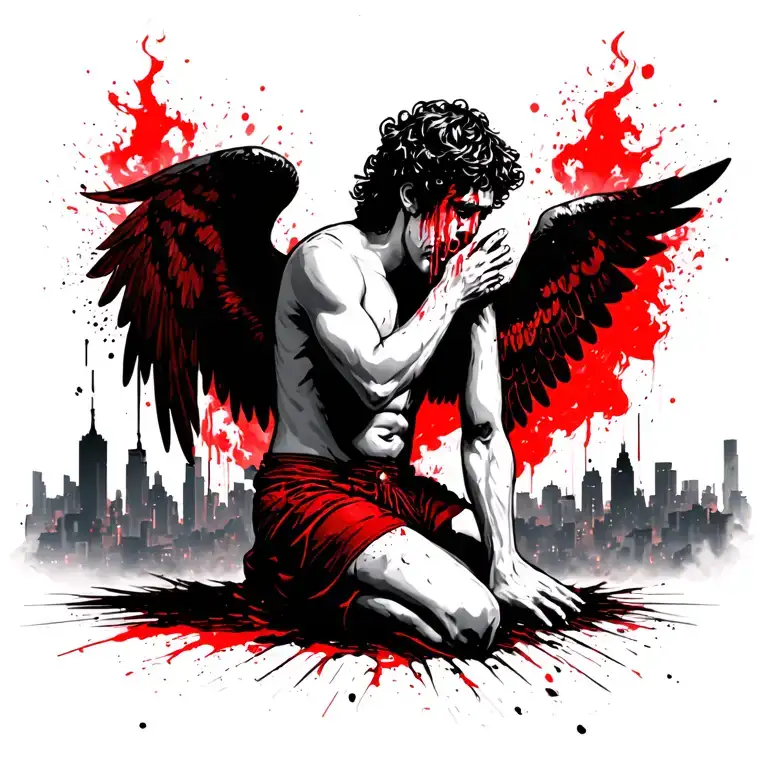 kneeing male angel in grief with a skyline of a burning city behind and crying angels with the clouds apocalyptic style  tattoo design idea